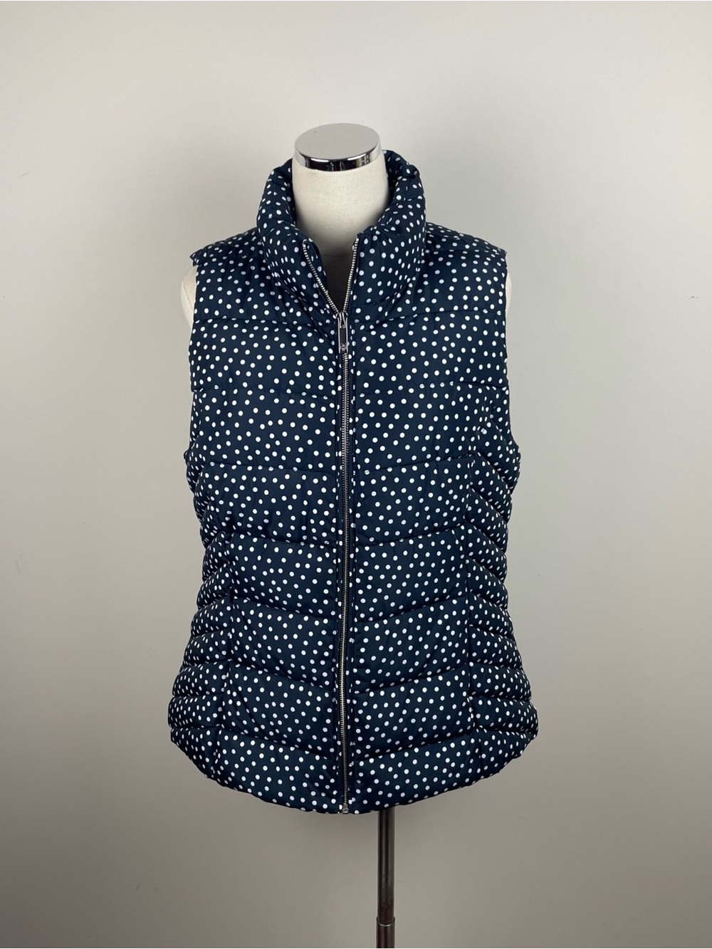 Tommy Hilfiger Navy Blue Black White Polka Dot Puffer Full Zip Vest Women Large